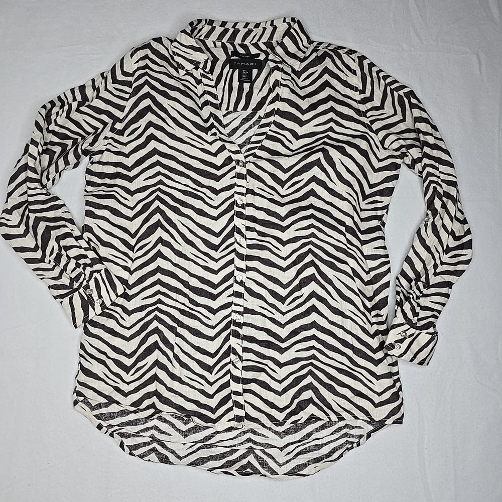 Tahari Linen Button Up Top Tunic Roll Tab Sleeve Zebra Print Cream Relaxed Fit S